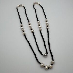 45” Pearl & Black Glass Bead Necklace w/ Magnetic Clasp